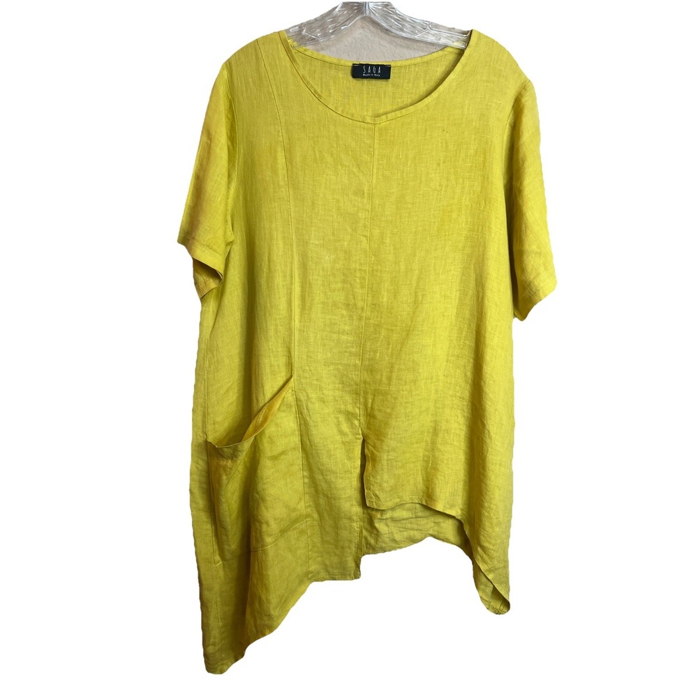 Yellow Linen Saga Small Blouse  Asymmetrical Shirt w Pockets Lagenlook‎ Artsy